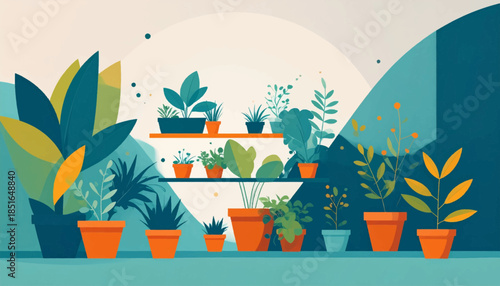 Minimalist illustration with various potted plants against a backdrop of teal and cream geometric shapes