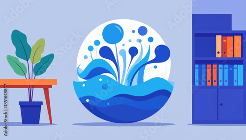 Minimalist illustration with a plant, water element, and bookshelf on a light background