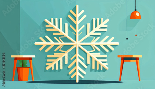 Minimalist interior art with snowflake, stools, plant, and a hanging lamp on a light blue wall