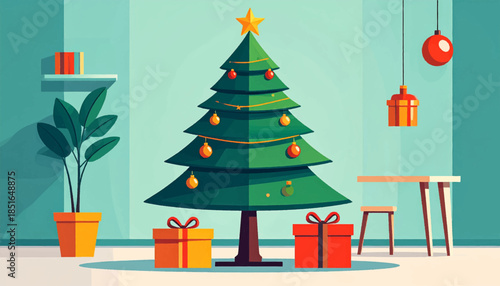 Minimalist interior with a Christmas tree, presents, plant, and a table with a stool in a flat, cartoonish style