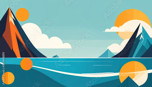 Minimalist landscape art featuring mountains, a lake, clouds, and bright orange suns, using a flat, geometric style