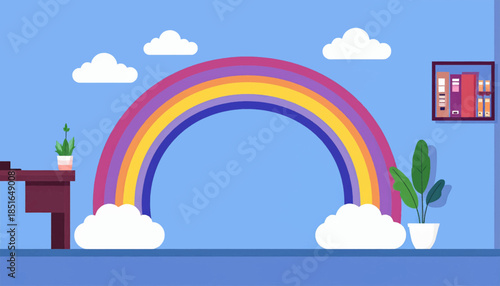 Indoor scene with rainbow, clouds, table, bookshelf, and potted plants against a blue background