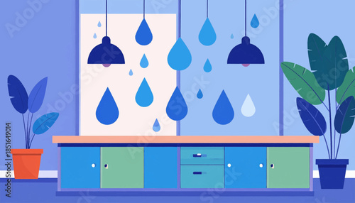 Indoor scene with hanging lights, water droplet shapes, a cabinet, and potted plants, all in cool blue tones