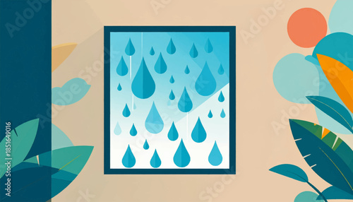 Indoor scene with raindrops outside a window and botanical elements with beige background in flat design