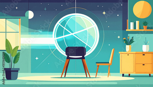 Indoor scene with stylized furniture, window views of moon and stars, and muted teal and yellow tones