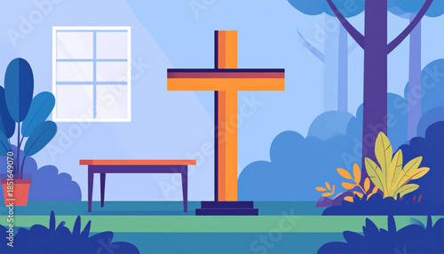 Indoor-outdoor scene with a cross, potted plant, table, window, trees and shrubbery