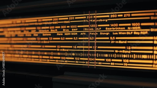 Extreme close-up of a tuning needle moving across an illuminated radio dial. The vintage receiver glows warm orange as it searches for stations on the analog scale.