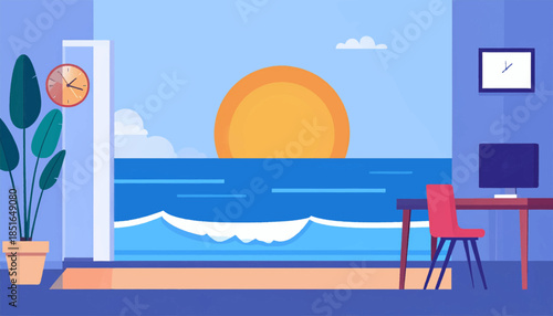 Indoor workspace with a sea view through the window, serene and calming, featuring a plant and minimal desk setup