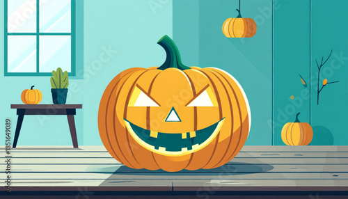 Inside Halloween carved pumpkin grinning wickedly on wood planks against a teal wall in a stylized, painterly fashion