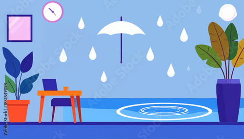 Indoor setting with a desk, plants, umbrella, falling raindrops and resulting ripples on the floor