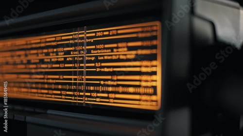 Side-angle view of a hand turning a knob to tune a vintage radio receiver. The needle moves across the illuminated orange frequency dial searching for broadcast stations.
