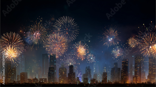 New Year celebration background with golden fireworks over modern city skyline at night, festive atmosphere, copy space, commercial stock photography style