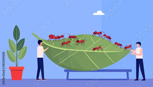 Illustration showing two people carrying a large leaf covered in ants; a plant stands nearby