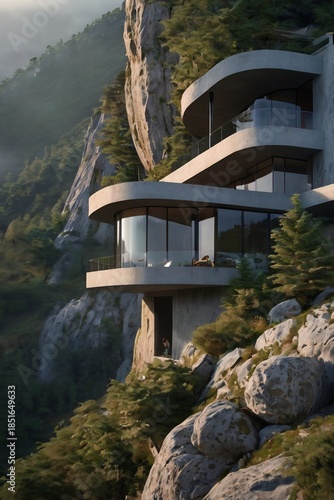 luxury hotel on the mountain. beautiful house on the corner of the mountain. view from the top of mountain.