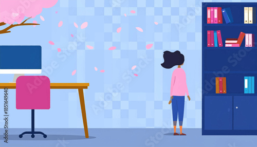 Illustration shows a person standing in an office space with a desk and a bookshelf under a cherry tree
