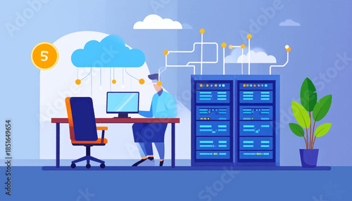 Illustration shows a tech office worker using cloud technology and server racks in the background