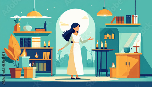 Illustration shows a woman in a room with candles, plants, and furniture in a flat, stylized design