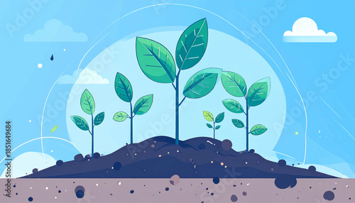 Illustration shows seedlings growing from dirt, against a blue sky with fluffy clouds and stylized white circles