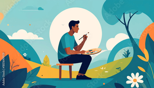 Illustrated artist seated on a stool, painting with a palette in a colorful outdoor landscape, stylized illustration
