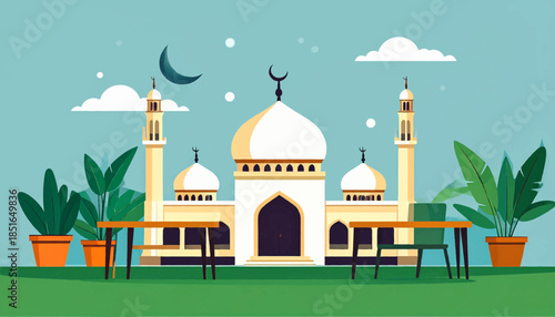 Illustrative art of mosque featuring tables, potted plants, and crescent moon on a sky blue background