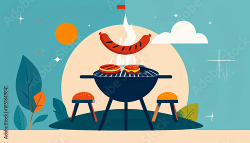 Illustrated BBQ with burgers, sausage, and stools, set against a whimsical sky with sun, cloud, stars, and stylized foliage