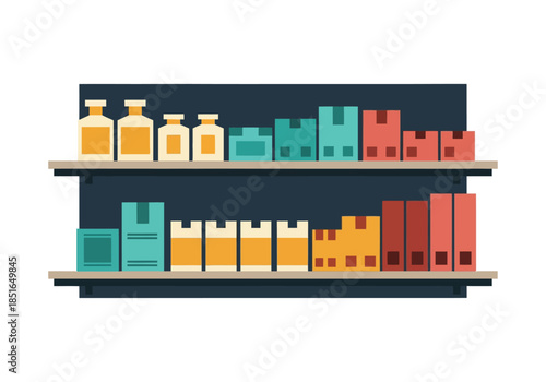 Warehouse shelves stacked with boxes and bottles suggesting inventory management, stocktaking, storage, sale, and discount offers