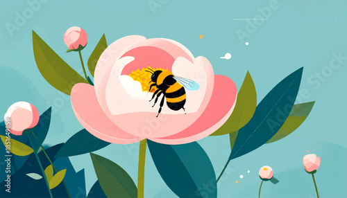 Illustrated bee on peony with buds against light blue backdrop and dark leaves, minimal shapes, soft colors