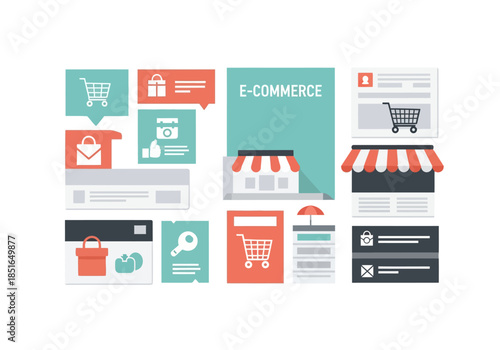E-commerce elements illustrating the online shopping process, featuring attractive sale promotions and valuable discount offers for a digital retail journey