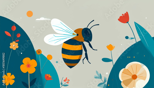 Illustrated bee with orange/blue stripes flying among abstract flowers on a pale gray backdrop with a sun and cloud