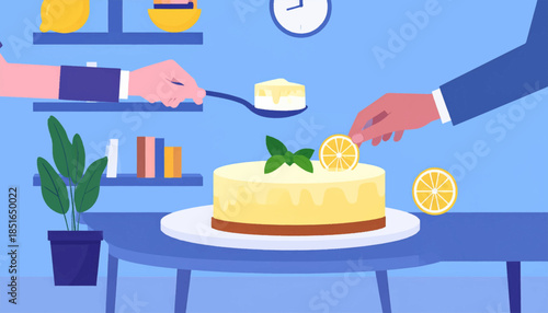 Illustrated cake on table. Hands serve dessert in a bright, minimalist flat style against a blue background