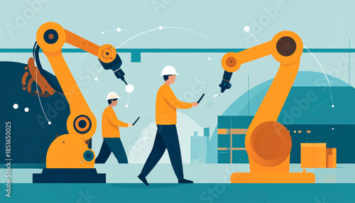 Illustrative view of factory workers with orange robot arms, set against a teal backdrop, evoking modern industry