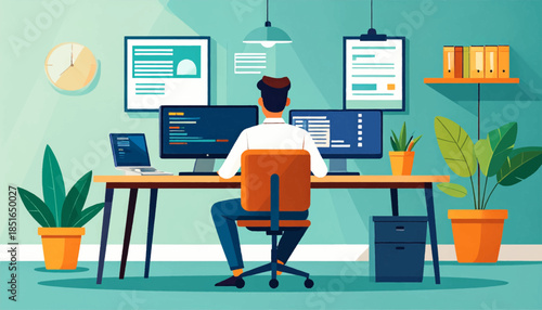 Illustrator of a person at a desk with monitors, laptop, papers, plants, clock, binders, and lamp in a work setting