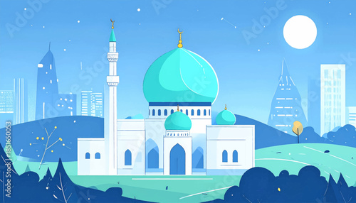 Illustrated cityscape with central mosque featuring a prominent dome under a bright moon in shades of blue