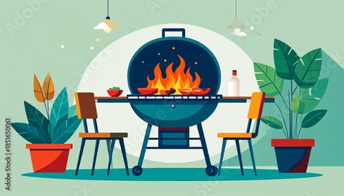 Indoor backyard BBQ with plants, chairs and food ready for cooking in stylized cartoon illustration