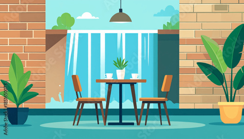Indoor cafe setting with a waterfall view, two chairs, a table, two mugs, and potted plants by brick walls