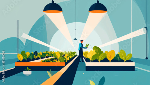 Indoor farm scene person inspecting crops under lights, modern, geometric, teal walls, orange accents