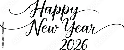 Happy New Year 2026 elegant script text with flourishes on white background Keywords: happy new year, 2026, new year, celebration, greeting, text, typography, elegant