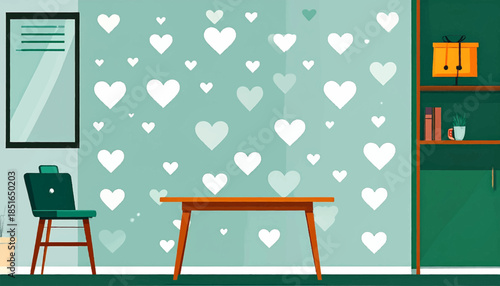 Room scene with hearts. A table, chair, bookshelf, and framed art adorn a room with heart-patterned wallpaper
