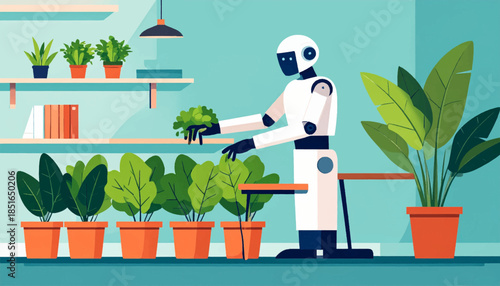 Indoor illustration of a robot tending to potted plants, shelves, books, and a lamp against a muted cyan background