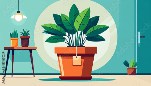 Indoor plants in pots with a soft light, stylized, against a light blue wall with a circular window effect