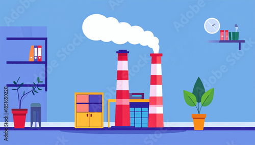 Illustrated factory emits smoke near furniture in a room, vector art