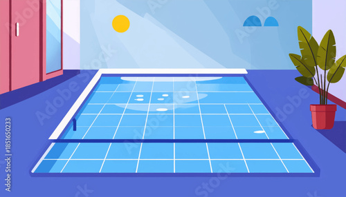 Indoor pool scene with blue water, sunlight, potted plant, and clean, colorful, minimalist aesthetic