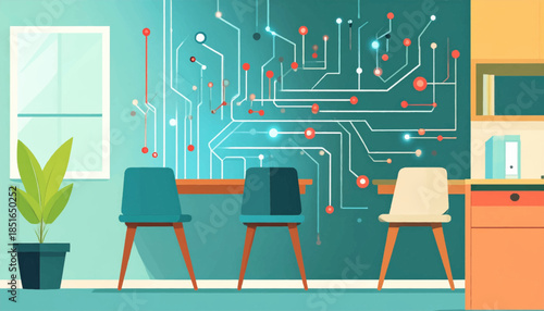 Room with chairs and desk with circuit board-style wall art and potted plant