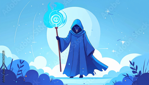 Illustrated figure in blue robe holds a glowing staff against a stylized blue landscape