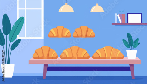 Room with croissants on a table, a plant, and a window under pendant lamps, with a shelf