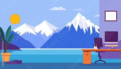 Room with desk, computer, plant, mountains, and sun in the background