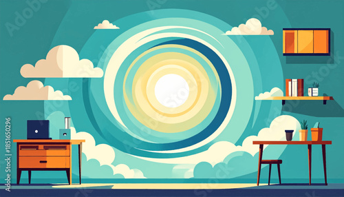 Room with desk, sun-inspired wall art, and calming blue hues creating a peaceful and artistic workspace setting