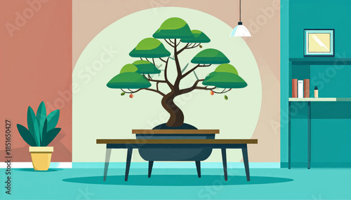 Indoor scene of a bonsai tree on a table, with another potted plant and shelves in the background, stylized art