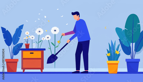 Indoor scene of a person gardening, with plants, cabinet, shovel, and a blue background
