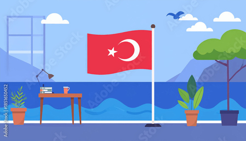Indoor scene of Turkey's flag with a desk, books, coffee, and plants overlooking a calm ocean view
